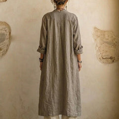 Layered three-piece set: olive long shirt over patterned tunic, linen drawstring pants