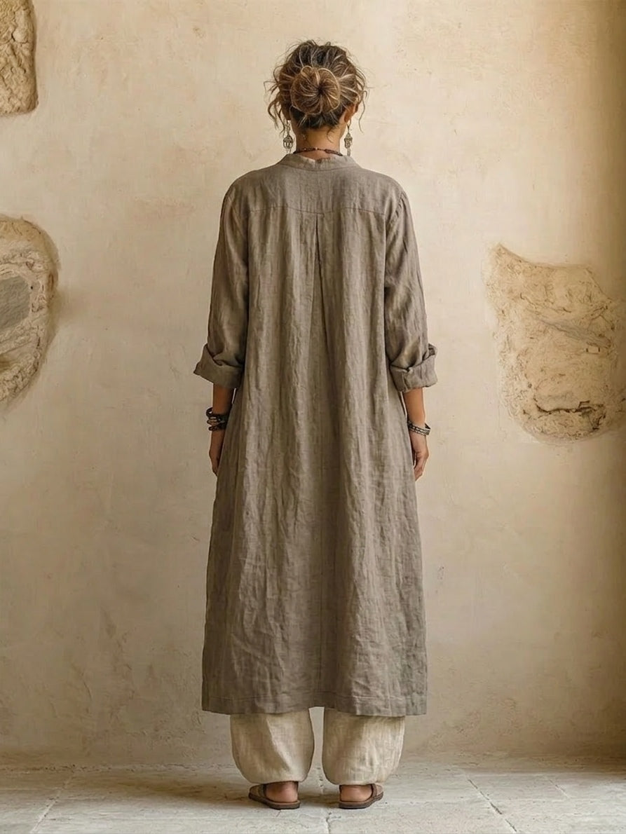 Layered three-piece set: olive long shirt over patterned tunic, linen drawstring pants