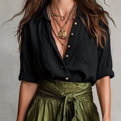 Two-piece set: black blouse and olive green midi skirt with ruched waist