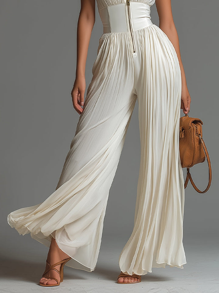 Zsófia Jumpsuit – White Pleated Chiffon •