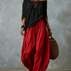 Black off-shoulder top and red lantern trousers set