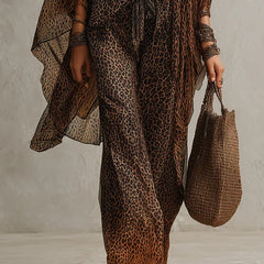 Leopard print boho 3-piece set close-up: tie-front bodice with flowing kimono overlay