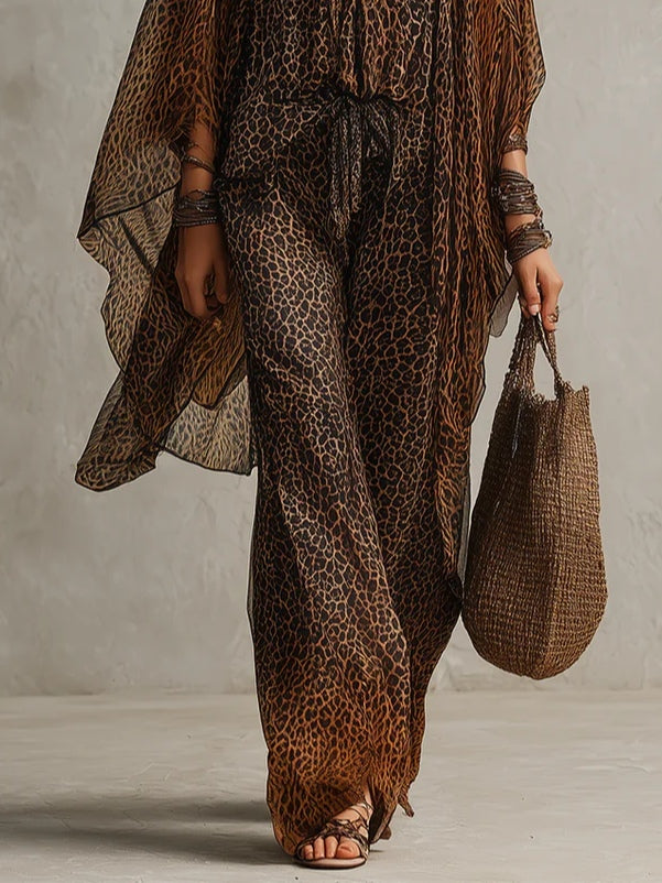 Leopard print boho 3-piece set close-up: tie-front bodice with flowing kimono overlay