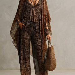 Leopard print boho 3-piece set: wide-leg tie-front jumpsuit with kimono sleeves