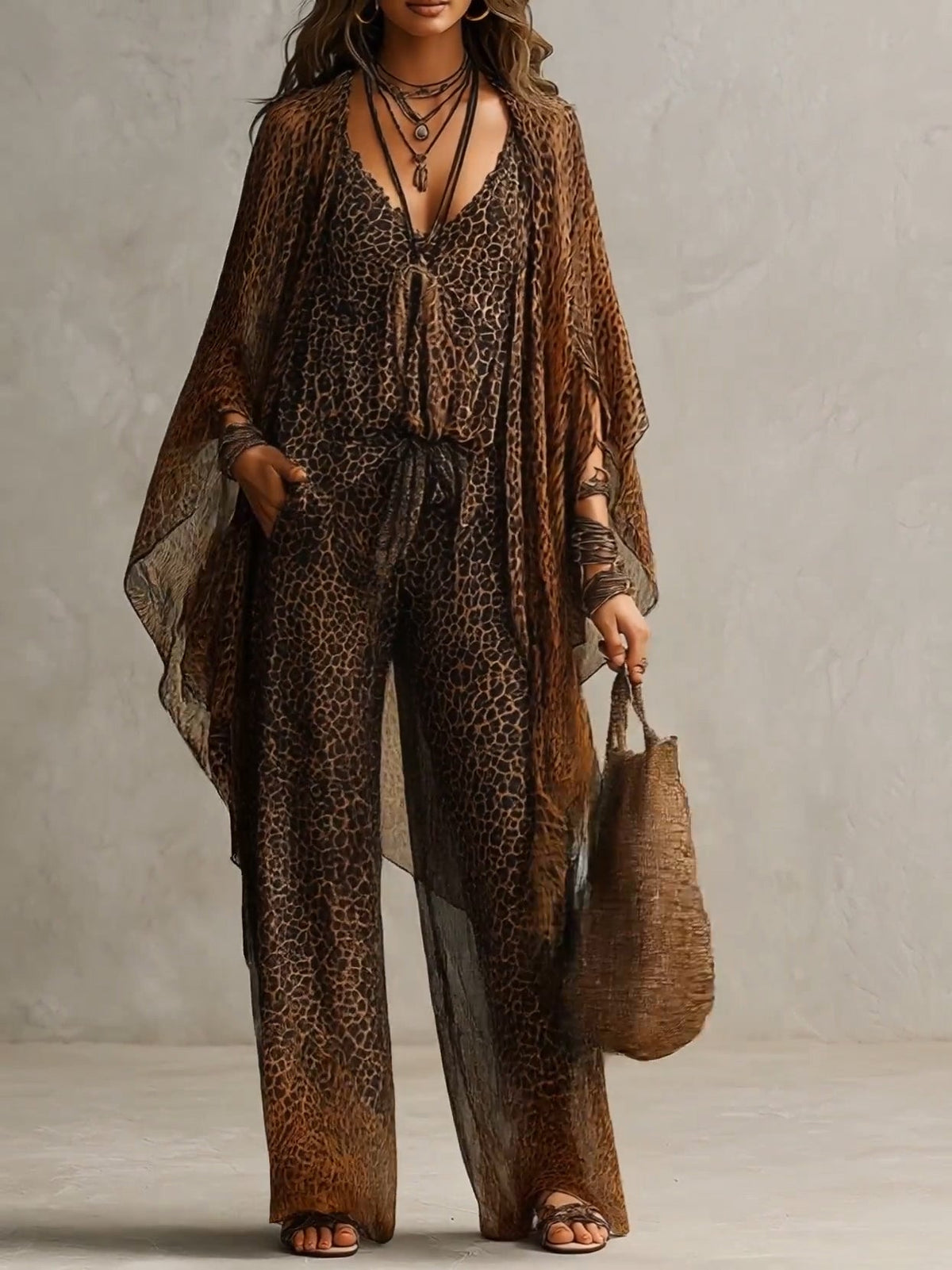 Leopard print boho 3-piece set: wide-leg tie-front jumpsuit with kimono sleeves
