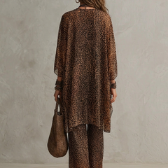 Leopard print boho 3-piece set, back view: sheer kimono overlay over wide-leg jumpsuit