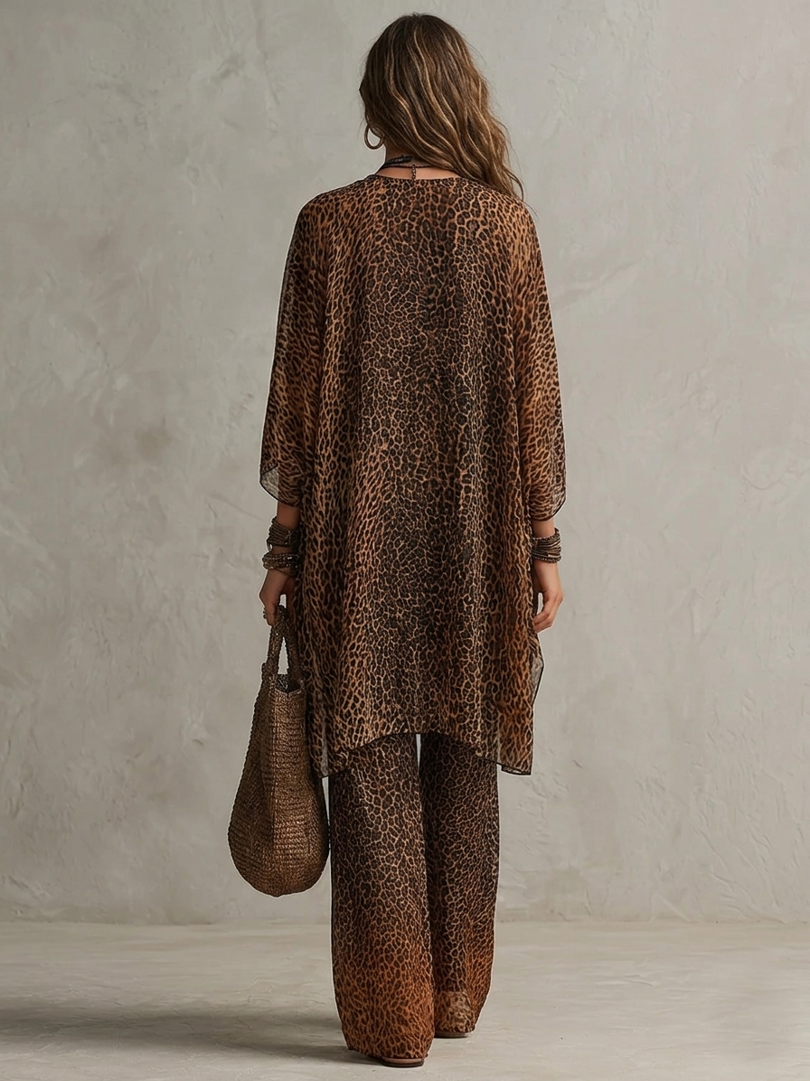 Leopard print boho 3-piece set, back view: sheer kimono overlay over wide-leg jumpsuit
