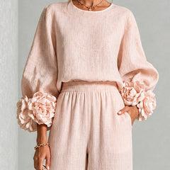 Blush long-sleeve blouse and wide-leg pants set, floral cuff sleeves and gathered waist