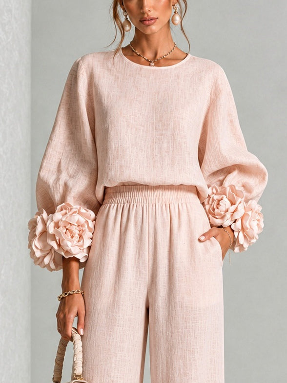 Blush long-sleeve blouse and wide-leg pants set, floral cuff sleeves and gathered waist