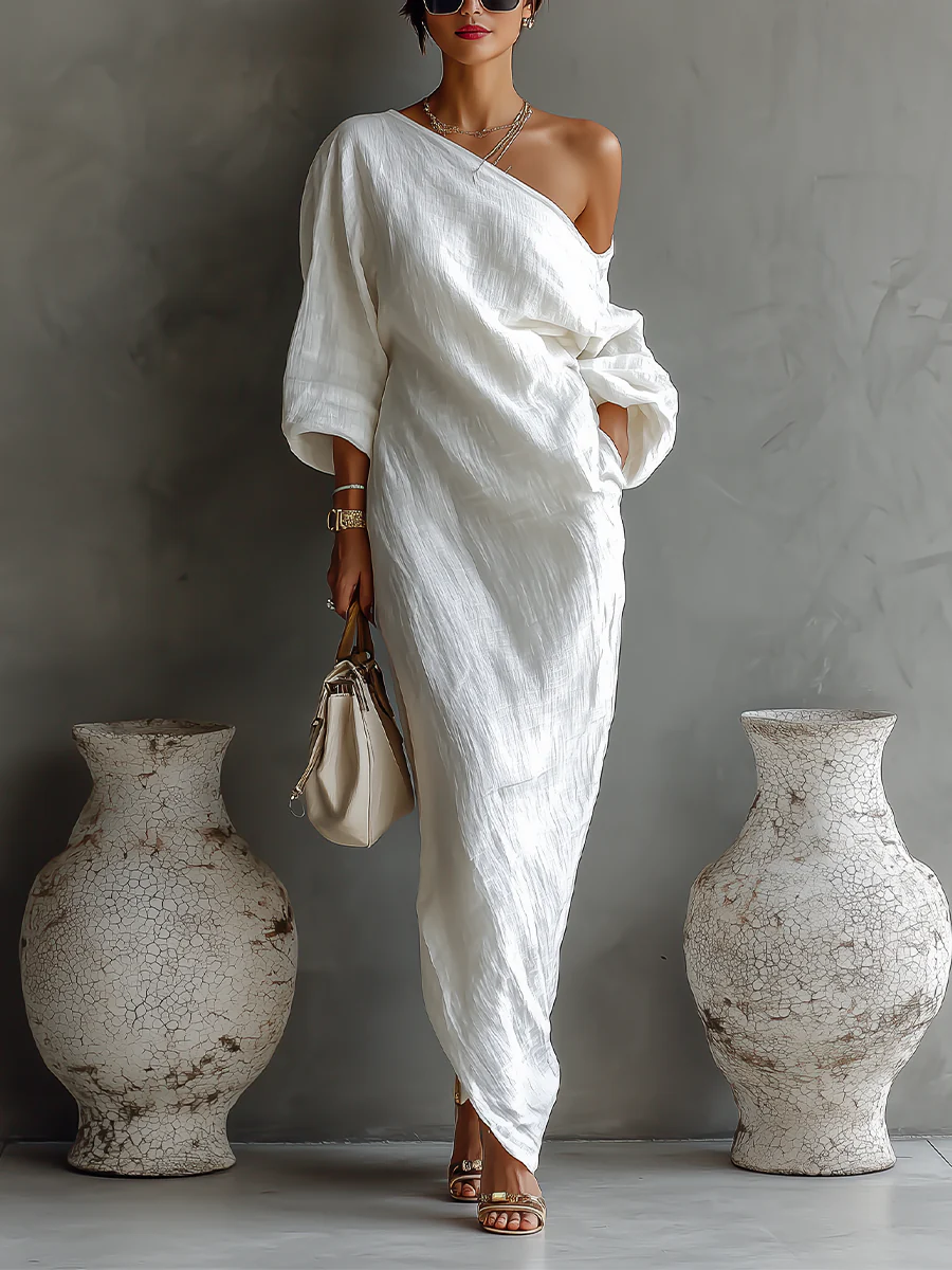 White one-shoulder maxi dress with draped wrap bodice and gathered waist