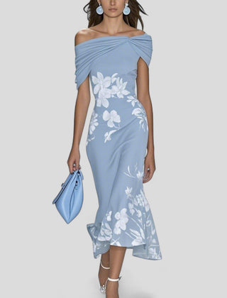 Blue off-shoulder midi dress with draped neckline and white floral print