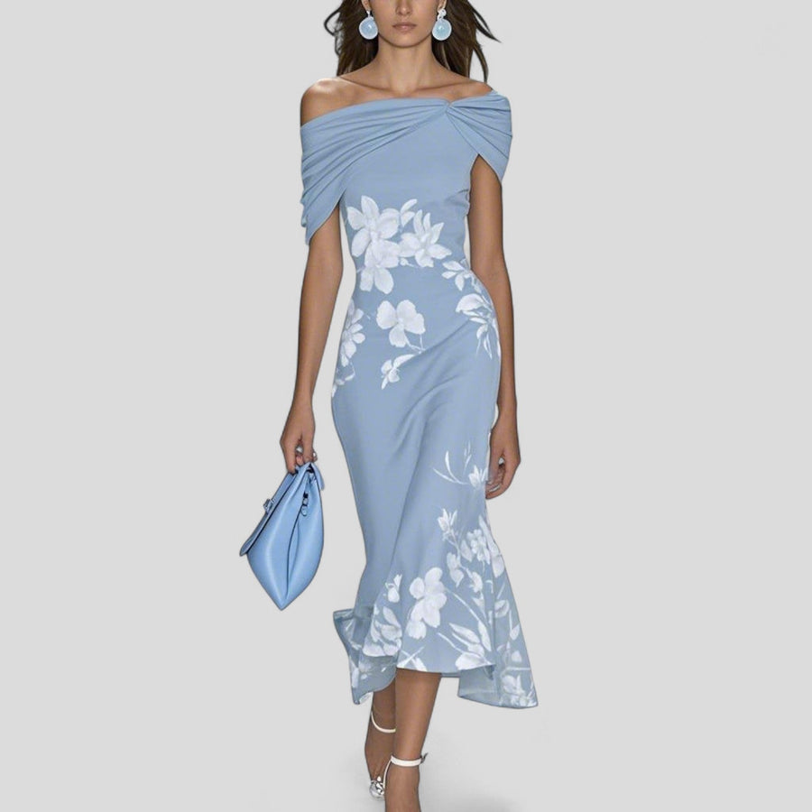 Blue off-shoulder midi dress with draped neckline and white floral print