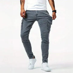 Grey utility jeans with cargo side pockets and tapered leg openings
