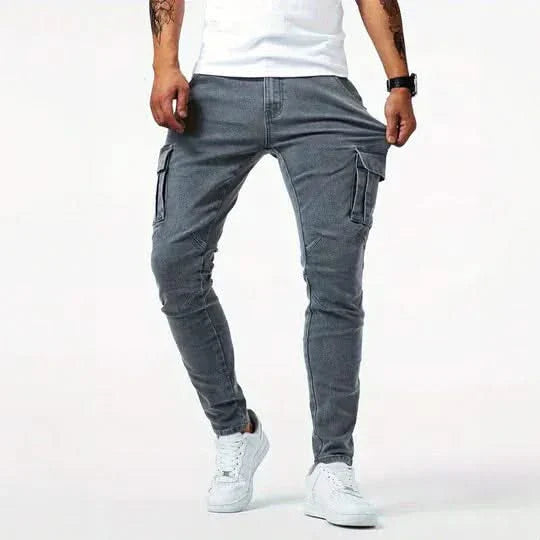 Grey utility jeans with cargo side pockets and tapered leg openings