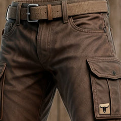 Dark brown insulated utility pants front view with belt loops and cargo pocket