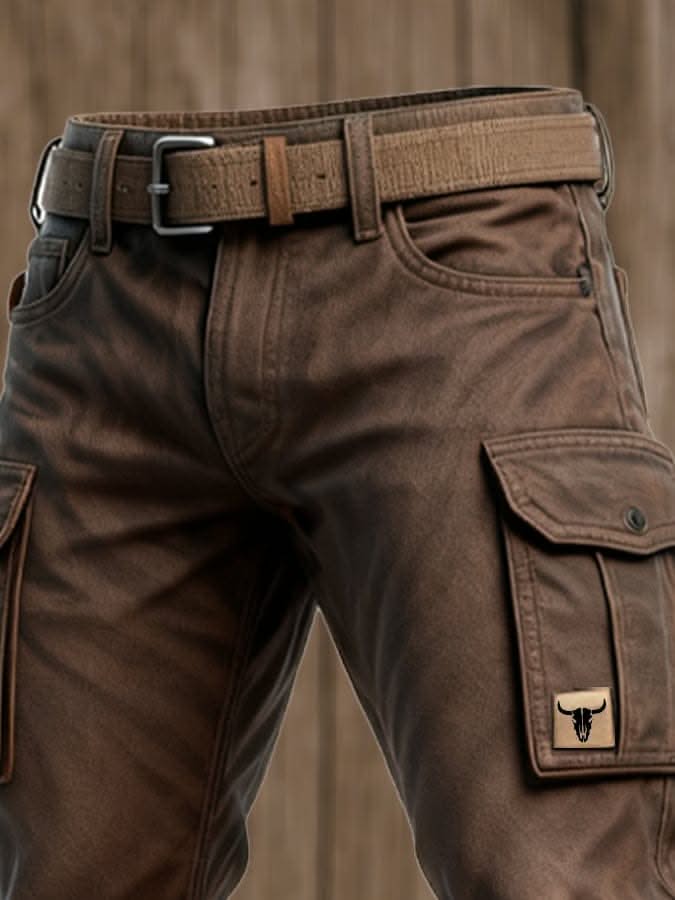 Dark brown insulated utility pants front view with belt loops and cargo pocket