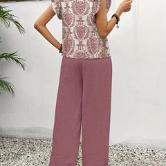 Pink paisley blouse and wide-leg pants set, back view