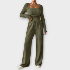 Olive ribbed long-sleeve crop top and high-waist wide-leg pants two-piece set