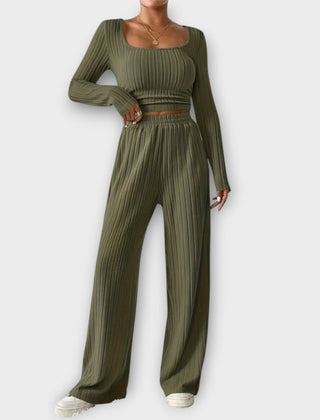 Olive ribbed long-sleeve crop top and high-waist wide-leg pants two-piece set