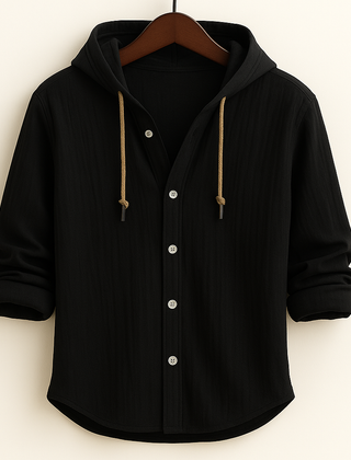 Black hooded shirt jacket with button front and drawstring hood ties
