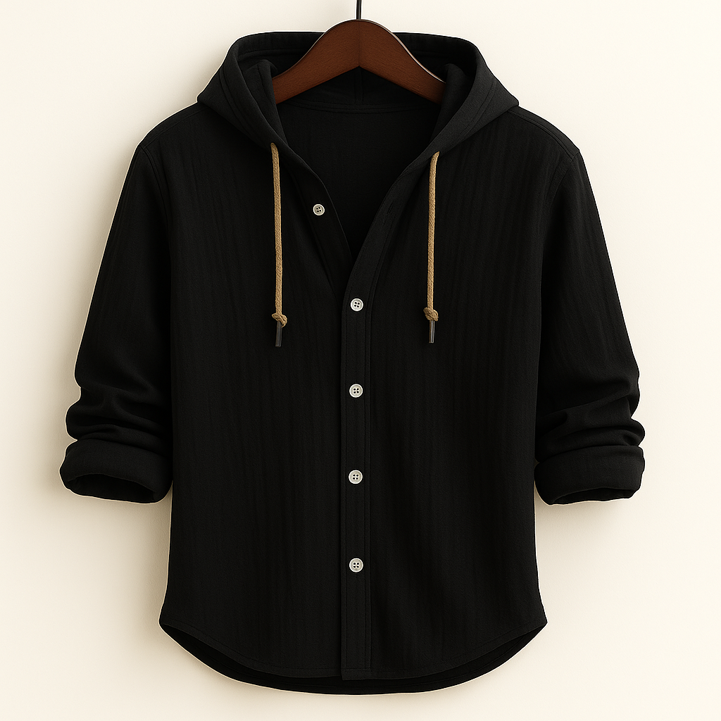 Black hooded shirt jacket with button front and drawstring hood ties