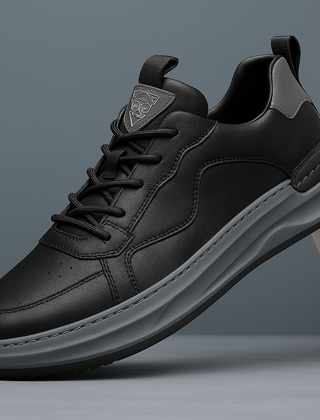 Black leather low-top sneaker with lace-up front, padded collar, and gray sole