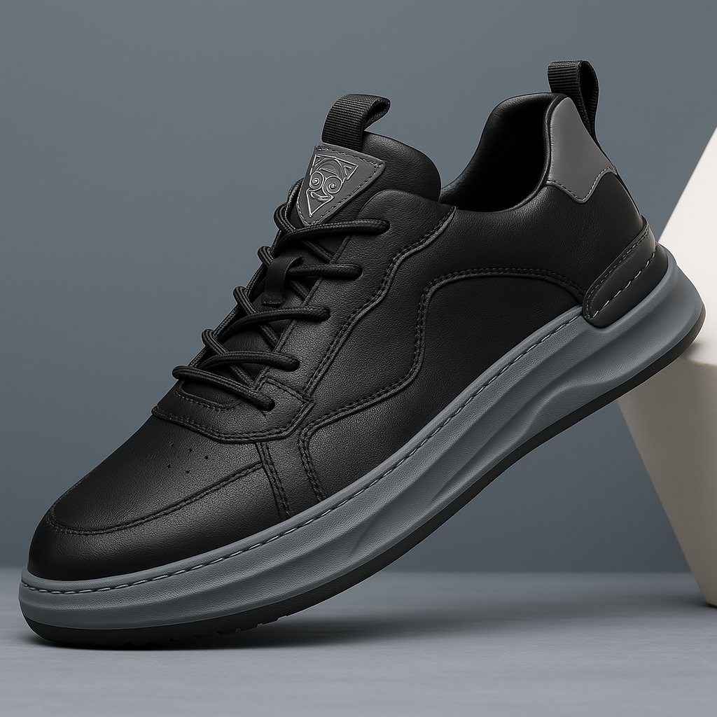 Black leather low-top sneaker with lace-up front, padded collar, and gray sole