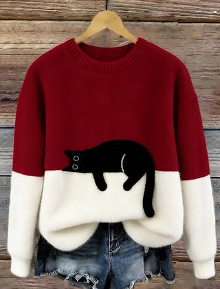 Red and white cat print sweatshirt with long sleeves and crew neck