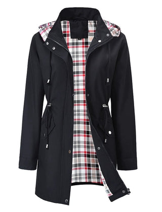 Women’s 3-in-1 jacket, black with plaid inner lining, hood, snap front, side pockets.
