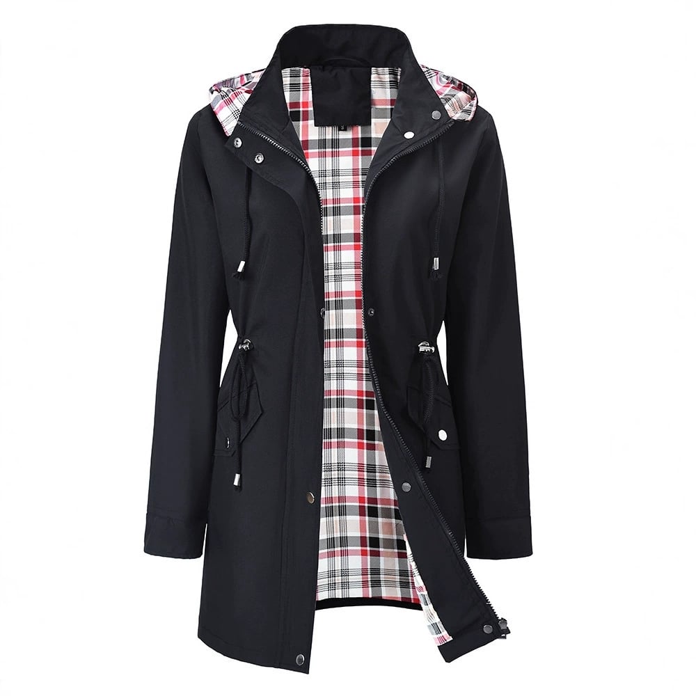 Women’s 3-in-1 jacket, black with plaid inner lining, hood, snap front, side pockets.