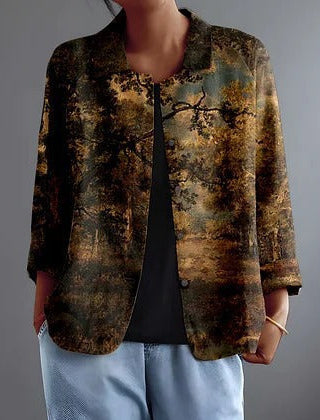 Printed landscape blouse with open front, 3/4 sleeves, dark abstract landscape print.