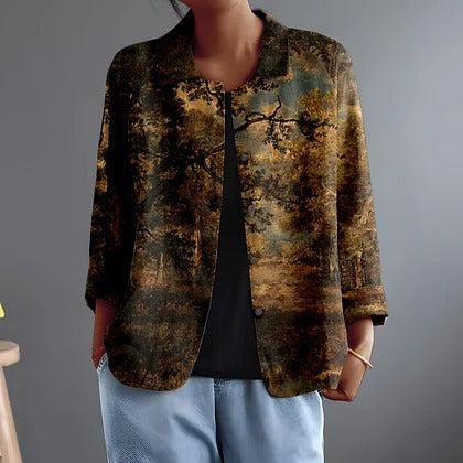 Printed landscape blouse with open front, 3/4 sleeves, dark abstract landscape print.