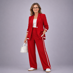 Red casual suit set with blazer and matching wide-leg trousers, side stripe trim.
