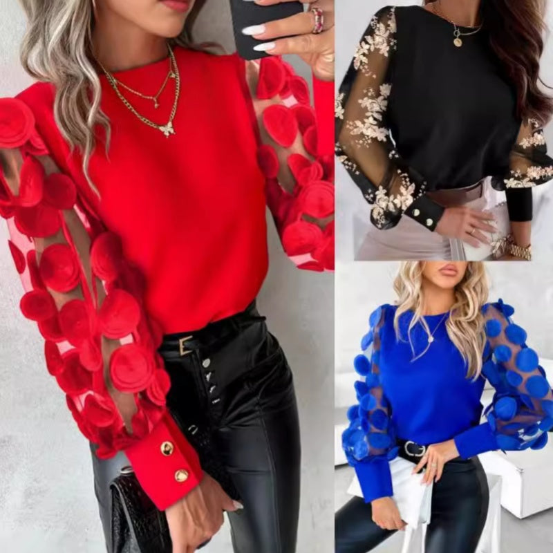 Glamorous mesh sleeve tops collage: red rosette sleeves, black floral sleeves, blue dot mesh