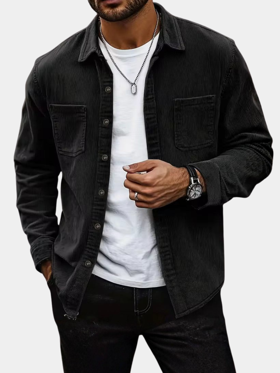 HARRIS corduroy button-up shirt, black, long sleeves, two chest pockets