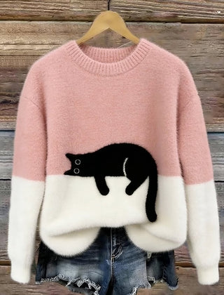 Pink and white cat print sweatshirt with long sleeves and crew neck