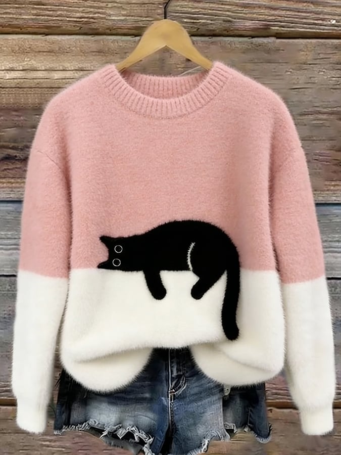 Pink and white cat print sweatshirt with long sleeves and crew neck