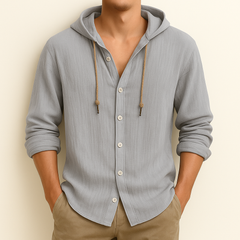 Light grey hooded shirt jacket worn, button front and drawstring hood ties