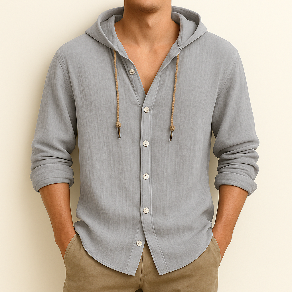 Light grey hooded shirt jacket worn, button front and drawstring hood ties