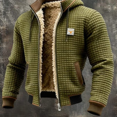 Olive green quilted fleece lined zip-front jacket with tan sherpa collar and brown pocket trim