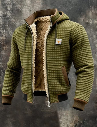 Olive green quilted fleece lined zip-front jacket with tan sherpa collar and brown pocket trim