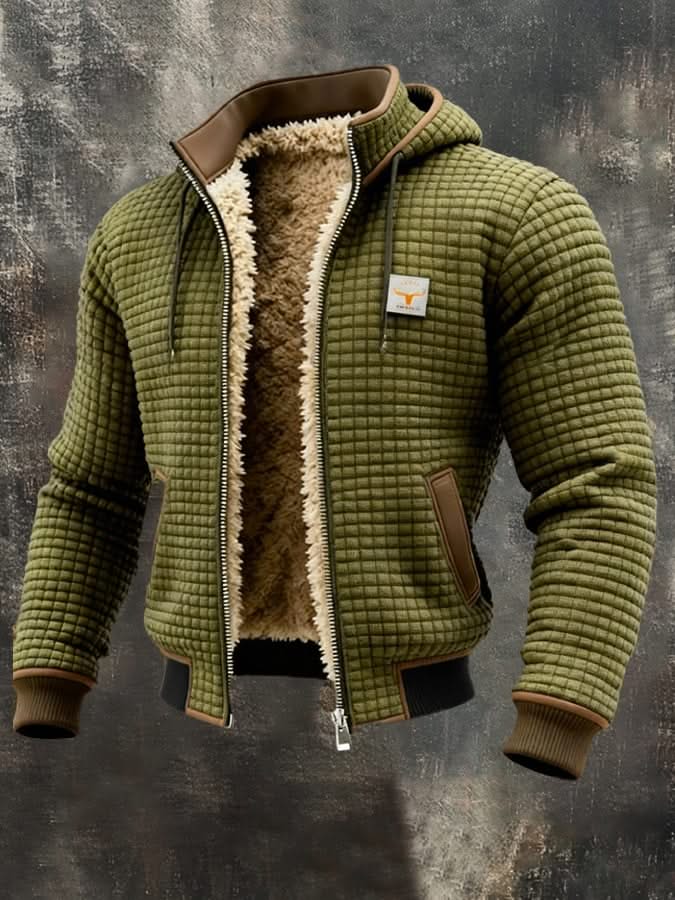 Olive green quilted fleece lined zip-front jacket with tan sherpa collar and brown pocket trim