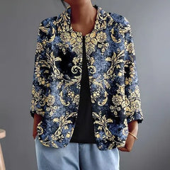Nolwen baroque scroll blouse, dark blue and gold scroll print with black front placket