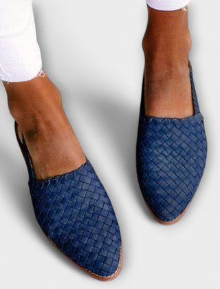 Aurora woven slingback loafers in blue, braided upper, pointed toe and low sole