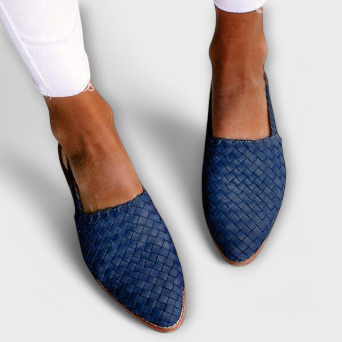 Aurora woven slingback loafers in blue, braided upper, pointed toe and low sole