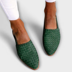 Aurora woven slingback loafers in green, braided upper, pointed toe, low heel sole