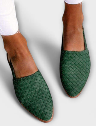 Aurora woven slingback loafers in green, braided upper, pointed toe, low heel sole
