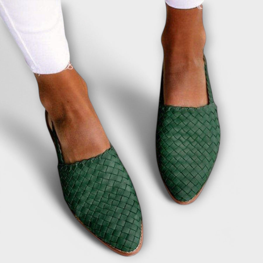Aurora woven slingback loafers in green, braided upper, pointed toe, low heel sole