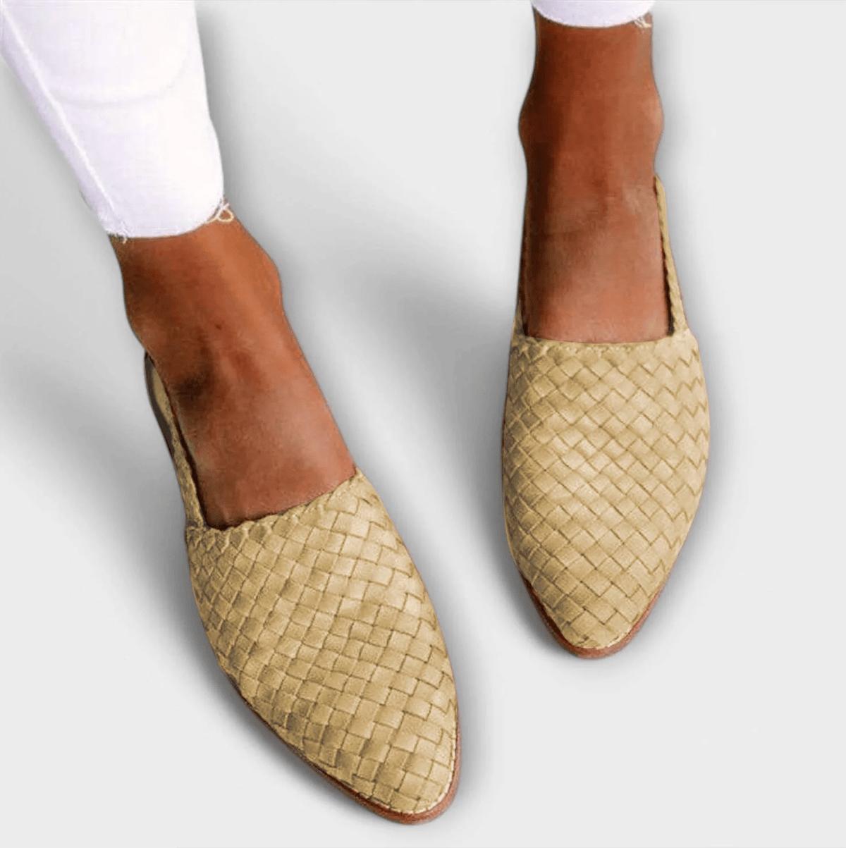 Aurora woven slingback loafers in beige, braided texture, pointed toe and low sole