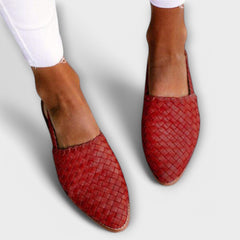 Aurora woven slingback loafers in red, braided texture, pointed toe, low sole